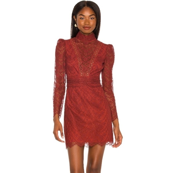 Saylor Lace Mockneck Long Sleeves Mini Celia Dress in Russet Size Medium - Picture 2 of 10
